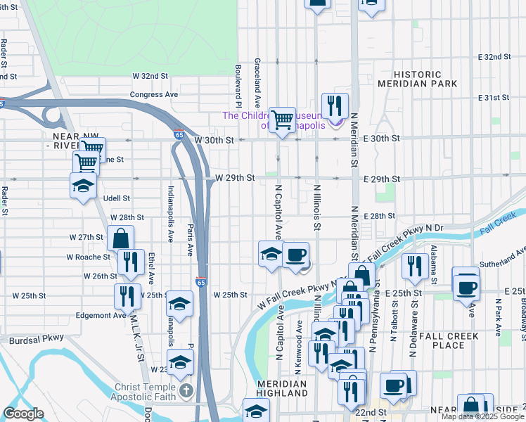 map of restaurants, bars, coffee shops, grocery stores, and more near 224 West 28th Street in Indianapolis
