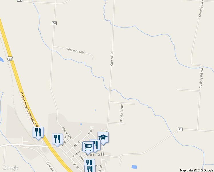 map of restaurants, bars, coffee shops, grocery stores, and more near 5295 Carnes Road in Carroll