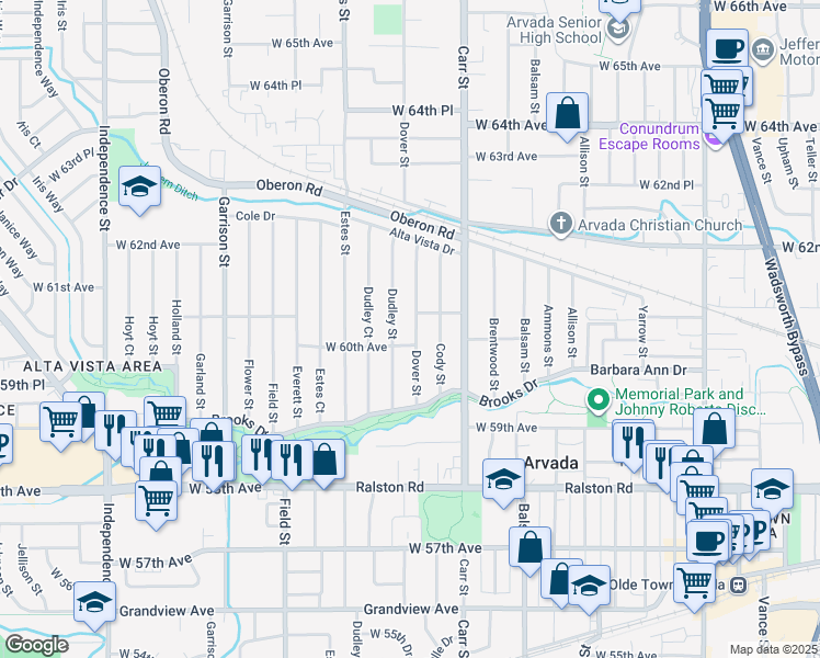 map of restaurants, bars, coffee shops, grocery stores, and more near 6075 Dover Street in Arvada