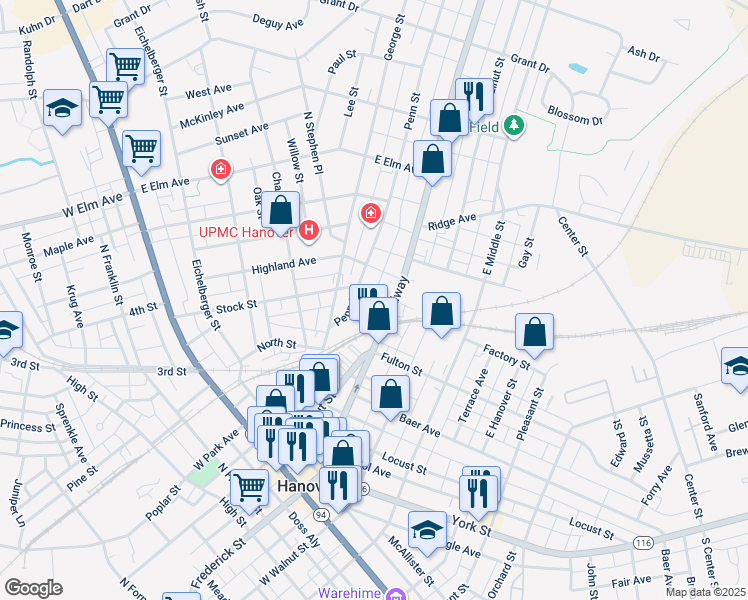 map of restaurants, bars, coffee shops, grocery stores, and more near 513 Stock Street in Hanover