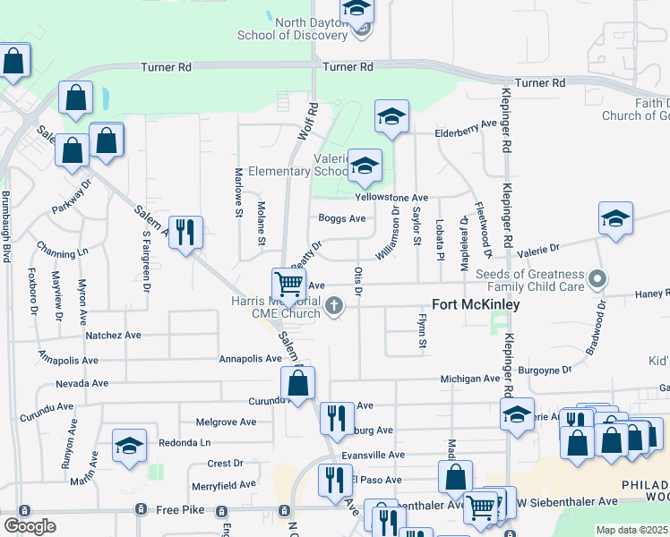 map of restaurants, bars, coffee shops, grocery stores, and more near 3948 Thompson Drive in Dayton