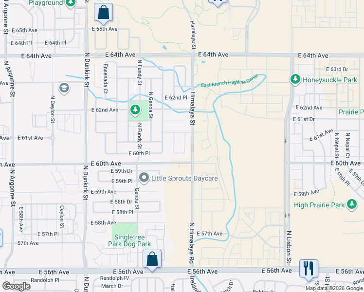 map of restaurants, bars, coffee shops, grocery stores, and more near 6068 North Halifax Court in Aurora