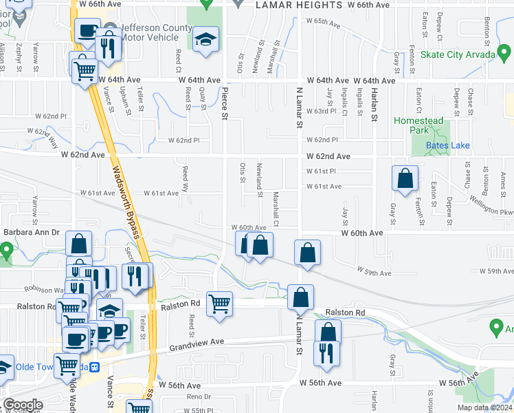 map of restaurants, bars, coffee shops, grocery stores, and more near 6094 Otis Street in Arvada