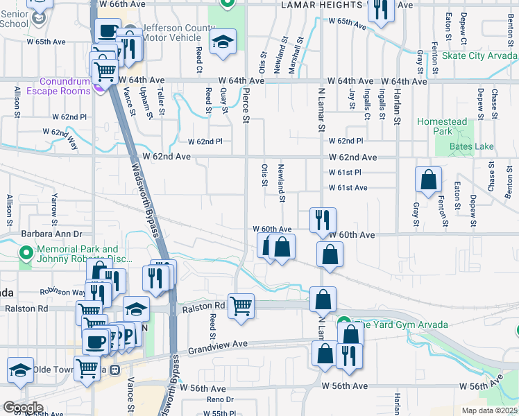 map of restaurants, bars, coffee shops, grocery stores, and more near 6094 Otis Street in Arvada