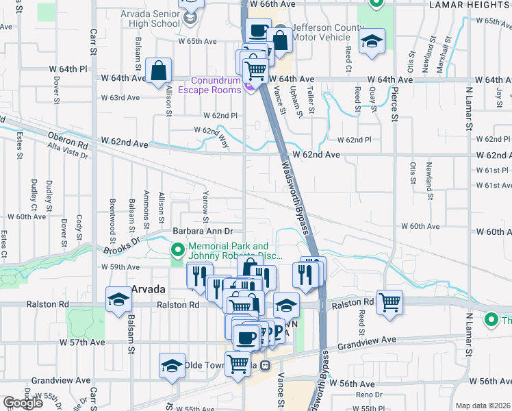 map of restaurants, bars, coffee shops, grocery stores, and more near 6090 Olde Wadsworth Boulevard in Arvada