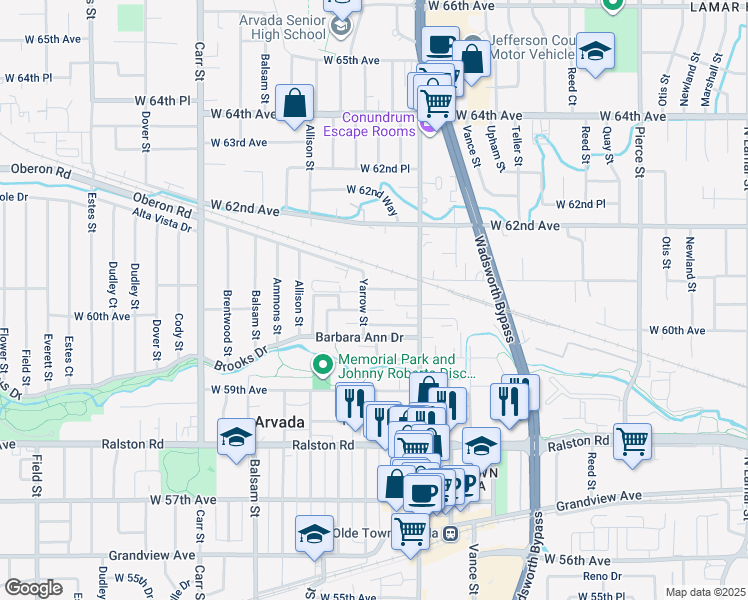 map of restaurants, bars, coffee shops, grocery stores, and more near 6021 Yarrow Street in Arvada