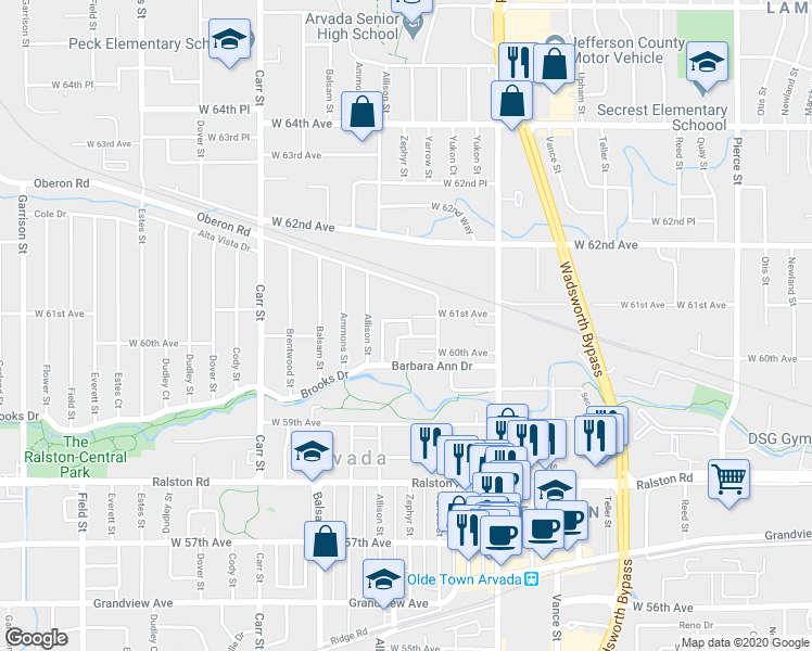 map of restaurants, bars, coffee shops, grocery stores, and more near 7835 Barbara Ann Drive in Arvada