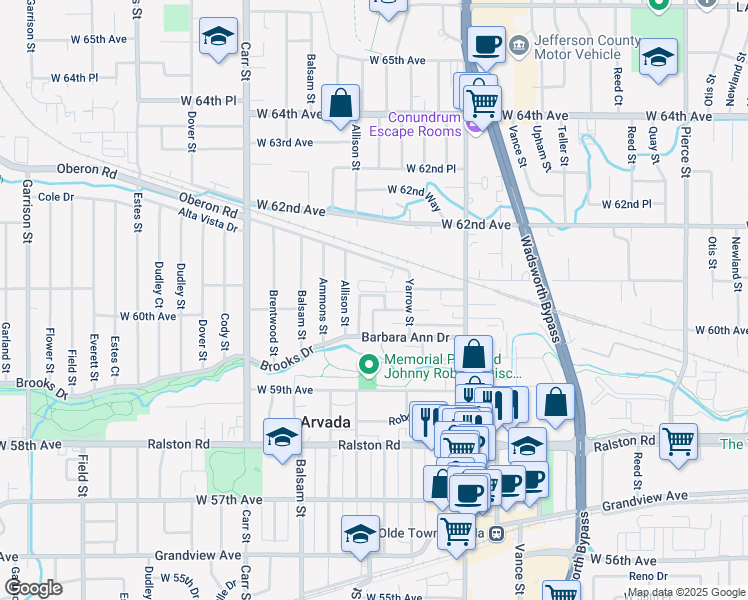 map of restaurants, bars, coffee shops, grocery stores, and more near 7835 Barbara Ann Drive in Arvada