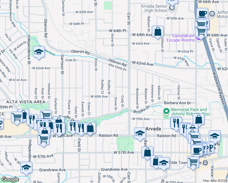 map of restaurants, bars, coffee shops, grocery stores, and more near 6075 Dover Street in Arvada