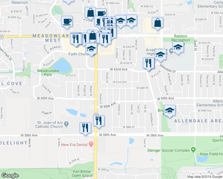 map of restaurants, bars, coffee shops, grocery stores, and more near 12143 West 60th Place in Arvada
