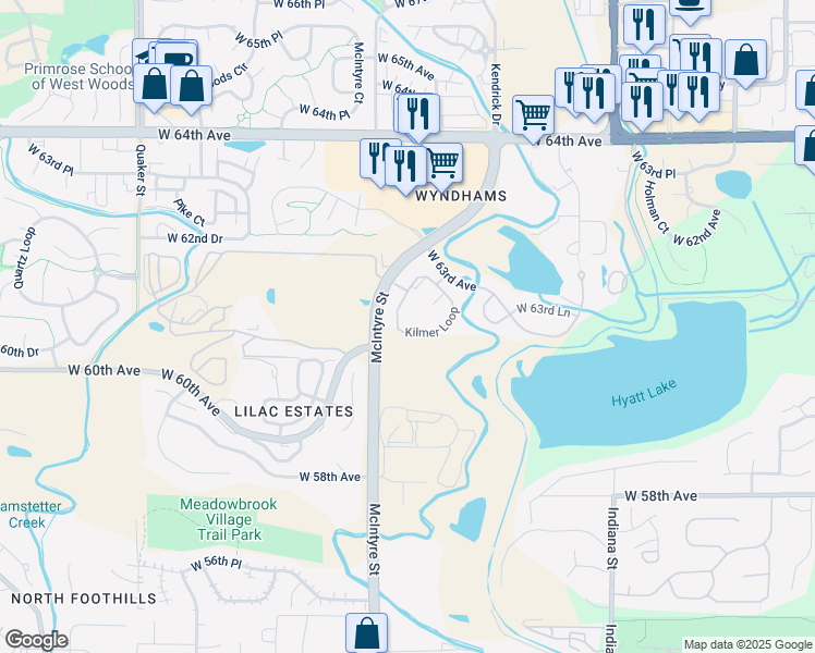map of restaurants, bars, coffee shops, grocery stores, and more near 6253 Kilmer Loop in Arvada
