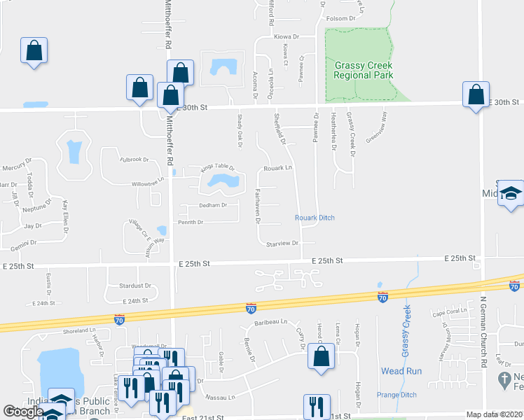 map of restaurants, bars, coffee shops, grocery stores, and more near 10319 Starhaven Circle in Indianapolis