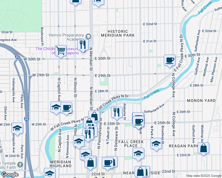 map of restaurants, bars, coffee shops, grocery stores, and more near 2801 North Talbott Street in Indianapolis