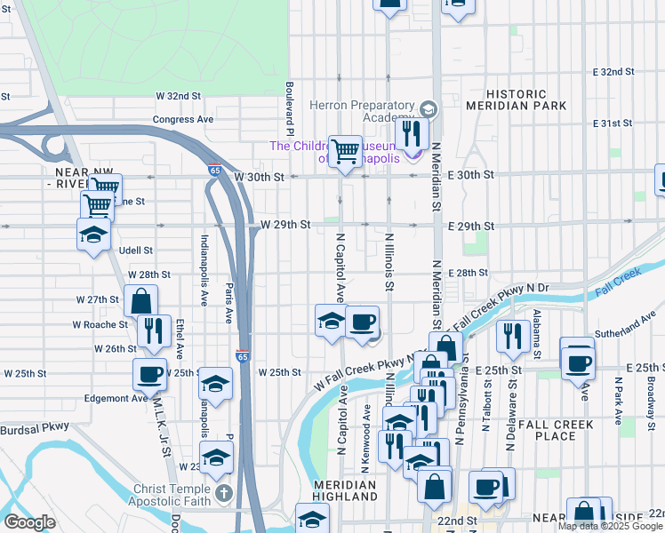 map of restaurants, bars, coffee shops, grocery stores, and more near 2818 North Capitol Avenue in Indianapolis