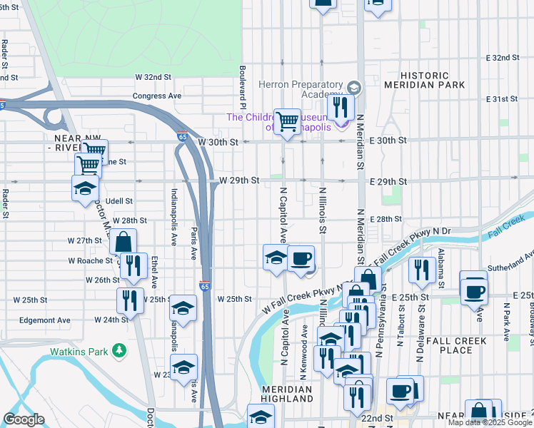 map of restaurants, bars, coffee shops, grocery stores, and more near 2814 Boulevard Place in Indianapolis