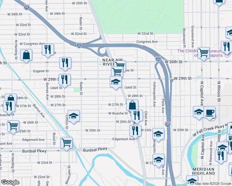 map of restaurants, bars, coffee shops, grocery stores, and more near 740 West 28th Street in Indianapolis