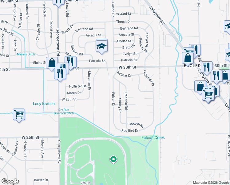 map of restaurants, bars, coffee shops, grocery stores, and more near 2819 Falcon Drive in Indianapolis