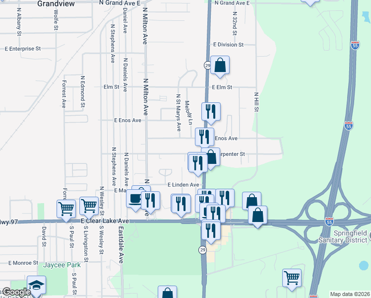 map of restaurants, bars, coffee shops, grocery stores, and more near 3001-3199 East Carpenter Street in Springfield