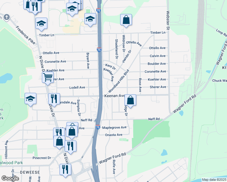 map of restaurants, bars, coffee shops, grocery stores, and more near 4520 Woodland Hills Boulevard in Dayton