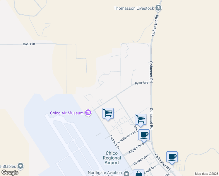 map of restaurants, bars, coffee shops, grocery stores, and more near 370 Ryan Avenue in Chico