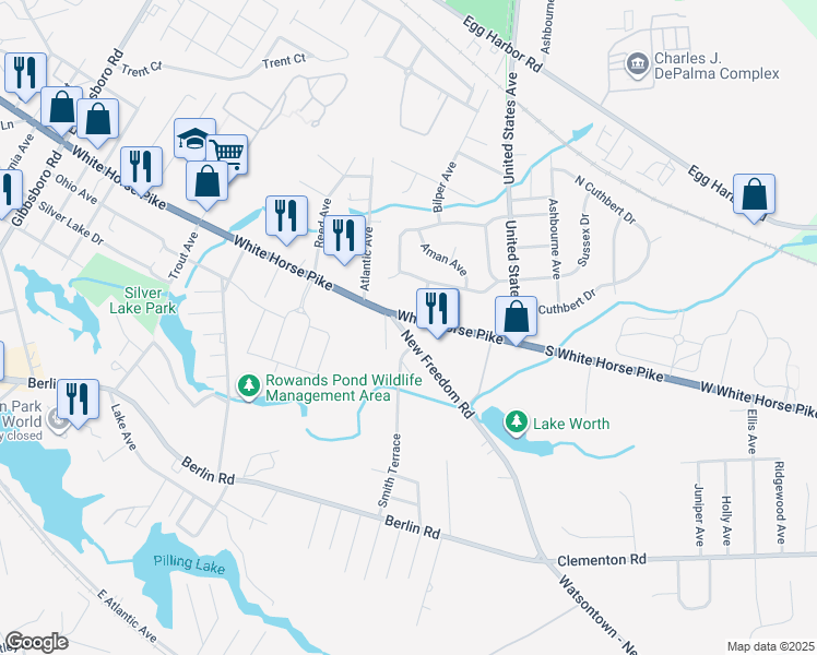map of restaurants, bars, coffee shops, grocery stores, and more near 306 White Horse Pike in Clementon