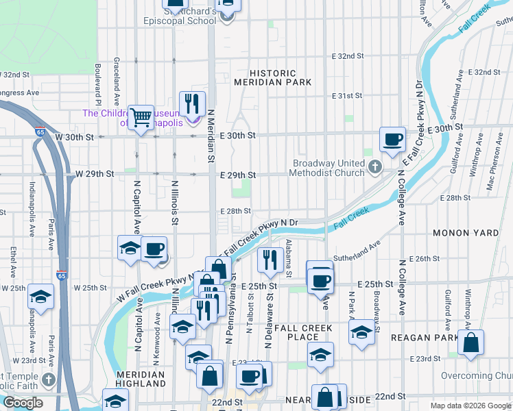map of restaurants, bars, coffee shops, grocery stores, and more near 2801 North Talbott Street in Indianapolis