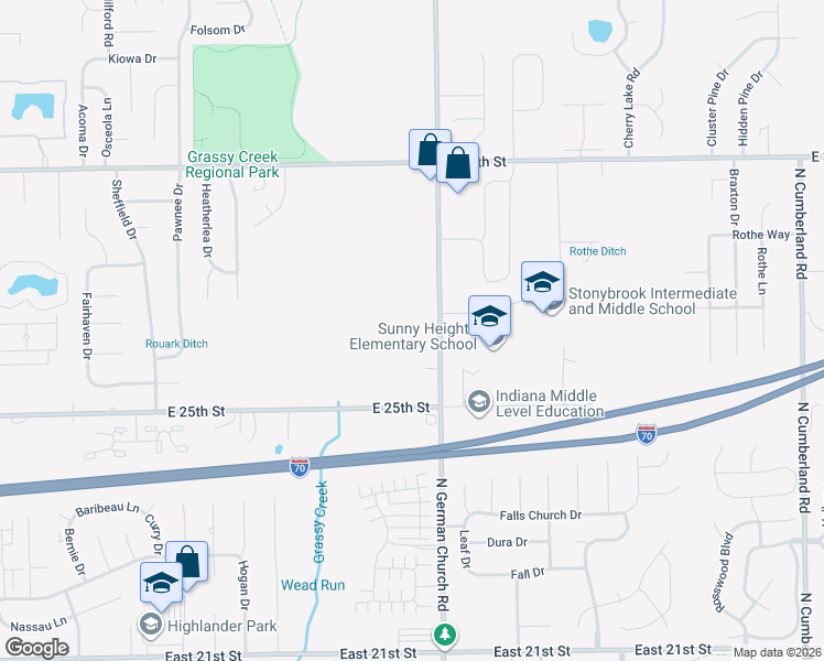 map of restaurants, bars, coffee shops, grocery stores, and more near 2500 North German Church Road in Indianapolis