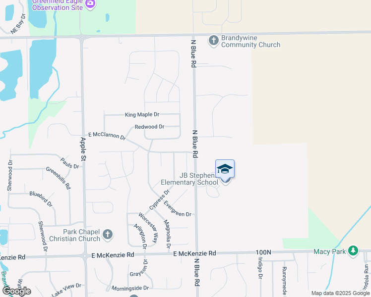 map of restaurants, bars, coffee shops, grocery stores, and more near 1470 East McClarnon Drive in Greenfield