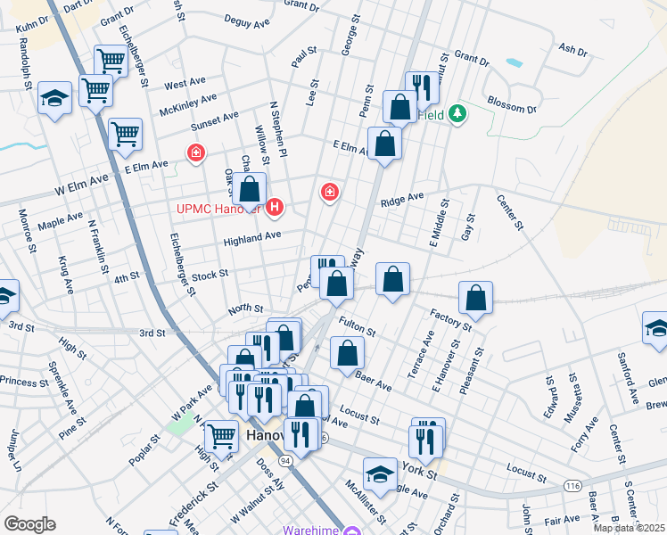 map of restaurants, bars, coffee shops, grocery stores, and more near 513 Stock Street in Hanover