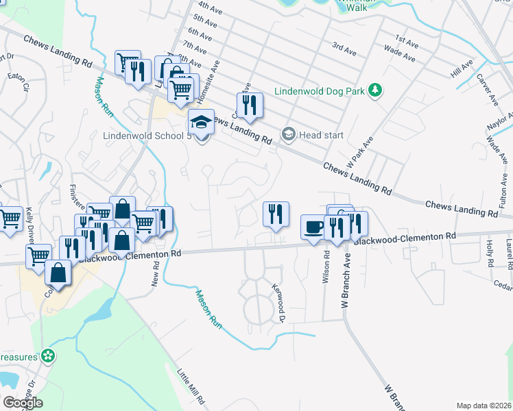 map of restaurants, bars, coffee shops, grocery stores, and more near 57 Dover Drive in Lindenwold