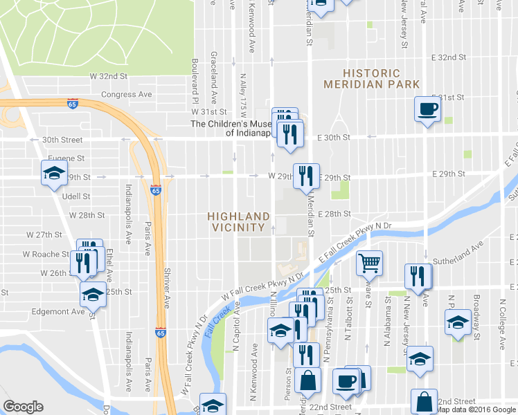map of restaurants, bars, coffee shops, grocery stores, and more near 2815 North Kenwood Avenue in Indianapolis