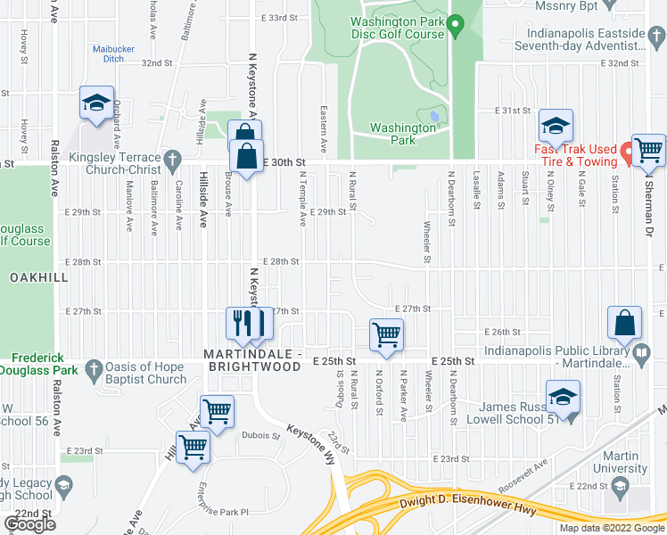 map of restaurants, bars, coffee shops, grocery stores, and more near 2801 Eastern Avenue in Indianapolis