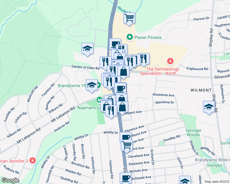 map of restaurants, bars, coffee shops, grocery stores, and more near 3902 Concord Pike in Wilmington