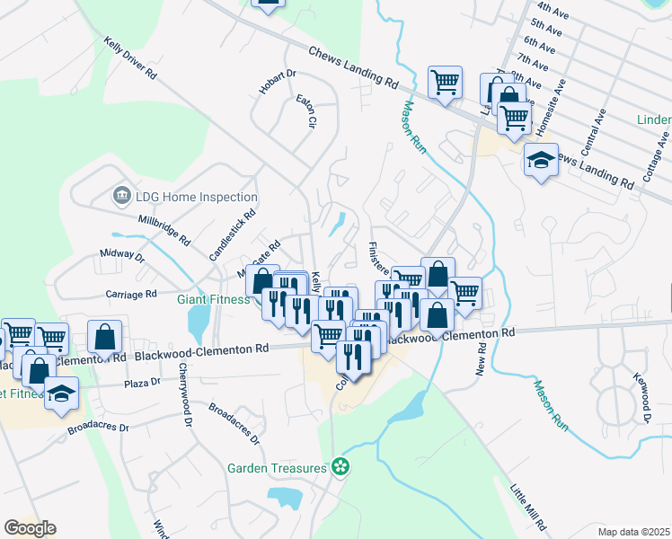 map of restaurants, bars, coffee shops, grocery stores, and more near 190 Via Cascata Drive in Clementon