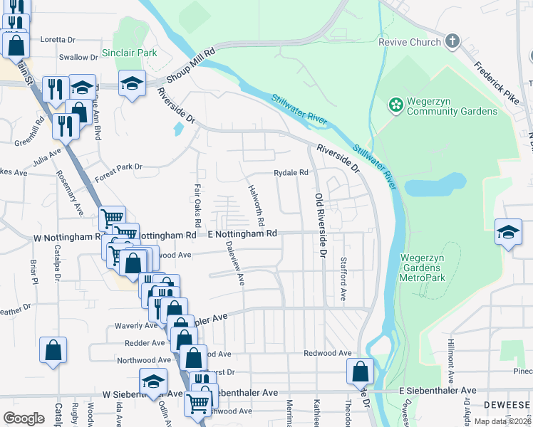 map of restaurants, bars, coffee shops, grocery stores, and more near 4107 Pafford Road in Dayton