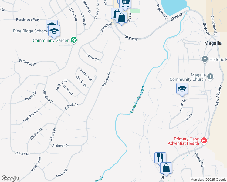 map of restaurants, bars, coffee shops, grocery stores, and more near 6559 Lesley Court in Magalia