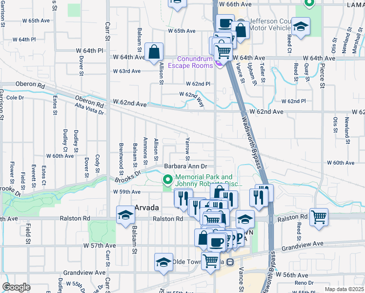 map of restaurants, bars, coffee shops, grocery stores, and more near 6021 Yarrow Street in Arvada