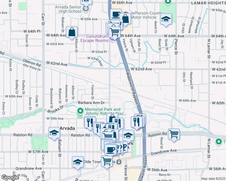 map of restaurants, bars, coffee shops, grocery stores, and more near 6090 Olde Wadsworth Boulevard in Arvada