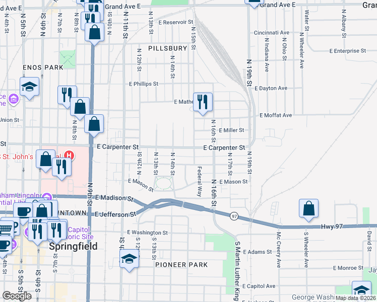 map of restaurants, bars, coffee shops, grocery stores, and more near 1428 East Carpenter Street in Springfield