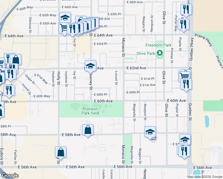 map of restaurants, bars, coffee shops, grocery stores, and more near 6060 Krameria Street in Commerce City