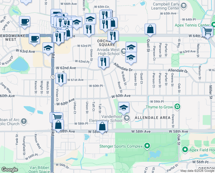 map of restaurants, bars, coffee shops, grocery stores, and more near 6057 Routt Court in Arvada