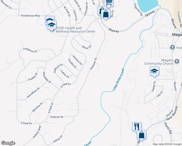 map of restaurants, bars, coffee shops, grocery stores, and more near 13734 Andover Drive in Magalia