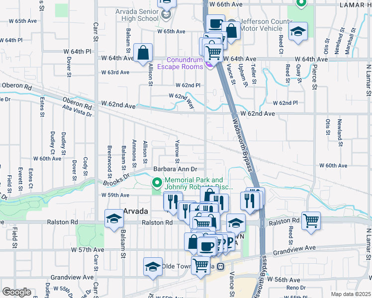 map of restaurants, bars, coffee shops, grocery stores, and more near 7665 West 61st Avenue in Arvada