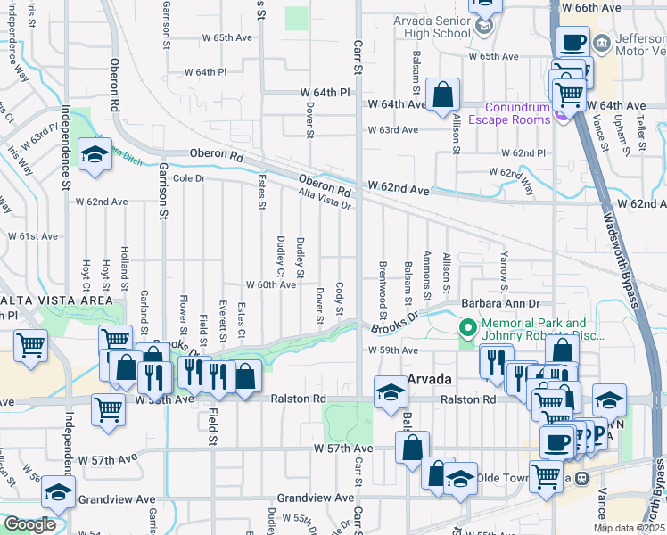 map of restaurants, bars, coffee shops, grocery stores, and more near 6080 Cody Street in Arvada