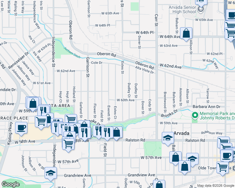 map of restaurants, bars, coffee shops, grocery stores, and more near 6045 Estes Street in Arvada