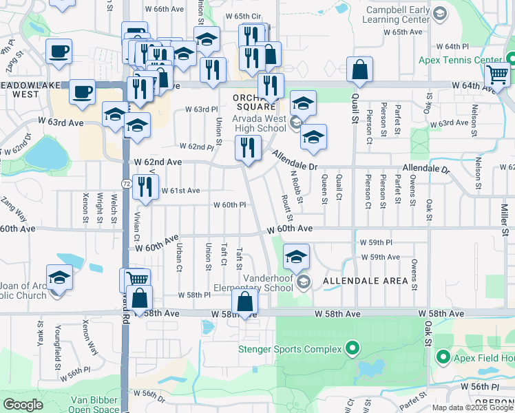 map of restaurants, bars, coffee shops, grocery stores, and more near 6057 Routt Court in Arvada