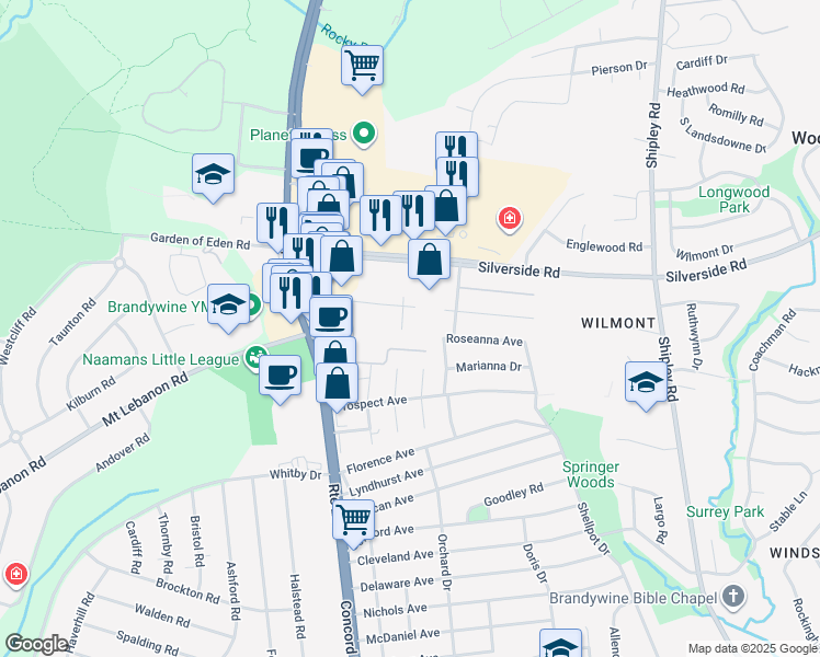 map of restaurants, bars, coffee shops, grocery stores, and more near 301 Half Acre Drive in Wilmington