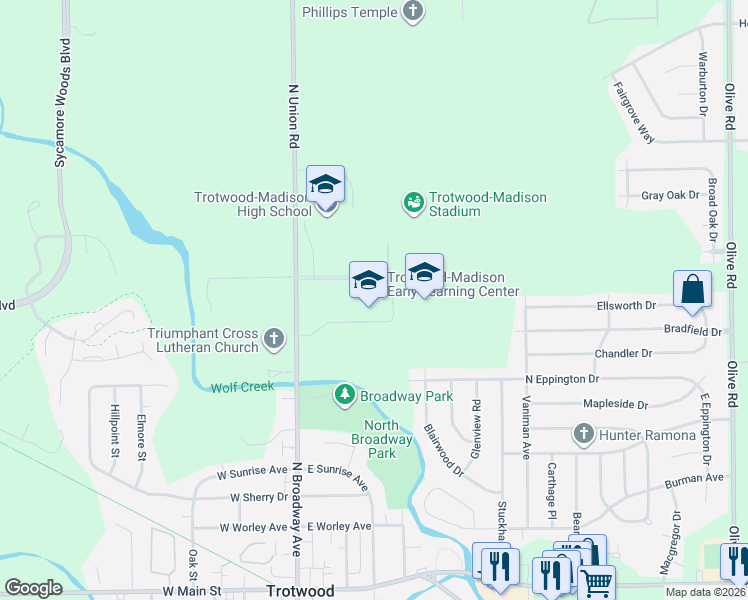 map of restaurants, bars, coffee shops, grocery stores, and more near Unnamed Road in Trotwood