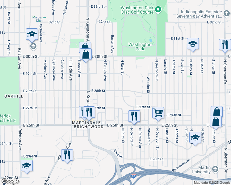map of restaurants, bars, coffee shops, grocery stores, and more near 2801 Eastern Avenue in Indianapolis