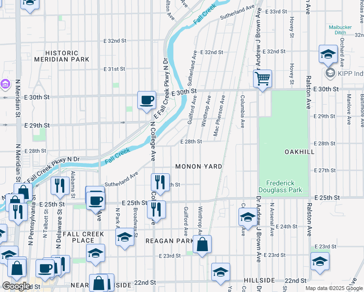 map of restaurants, bars, coffee shops, grocery stores, and more near 2752 Guilford Avenue in Indianapolis